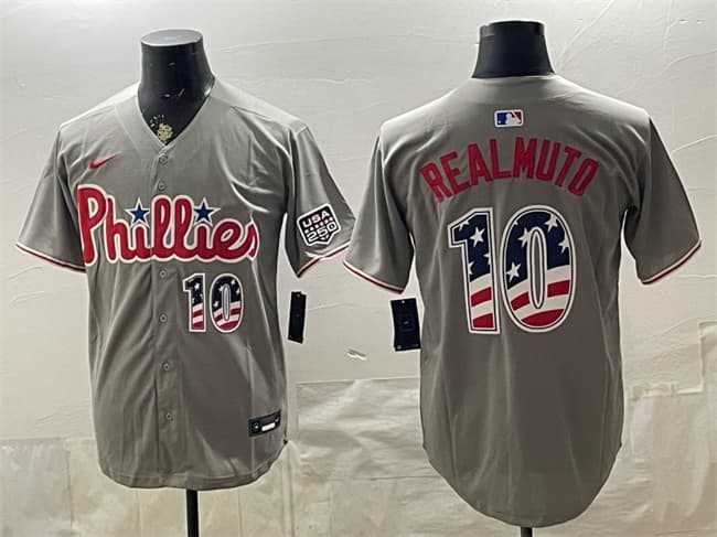 Mens Philadelphia Phillies #10 J.T. Realmuto Gray USA 250 Fourth of July Home Stitched Jersey1 Dzhi->philadelphia phillies->MLB Jersey