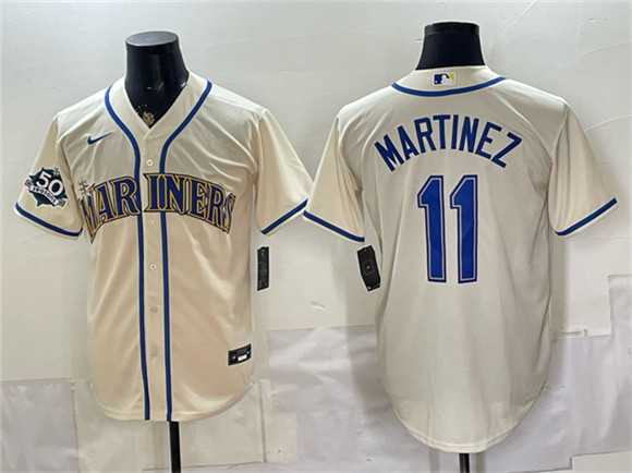 Men%27s Seattle Mariners #11 Edgar Martinez Cream 50th Anniversary Patch Stitched Jersey->seattle mariners->MLB Jersey