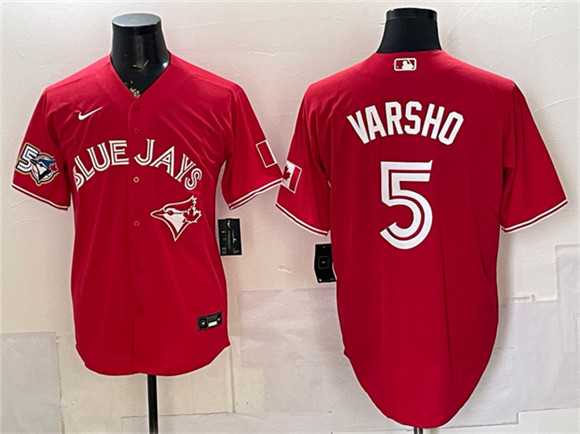 Men%27s Toronto Blue Jays #5 Daulton Varsho Red 50 Seasons Patch Stitched Jersey->texas rangers->MLB Jersey