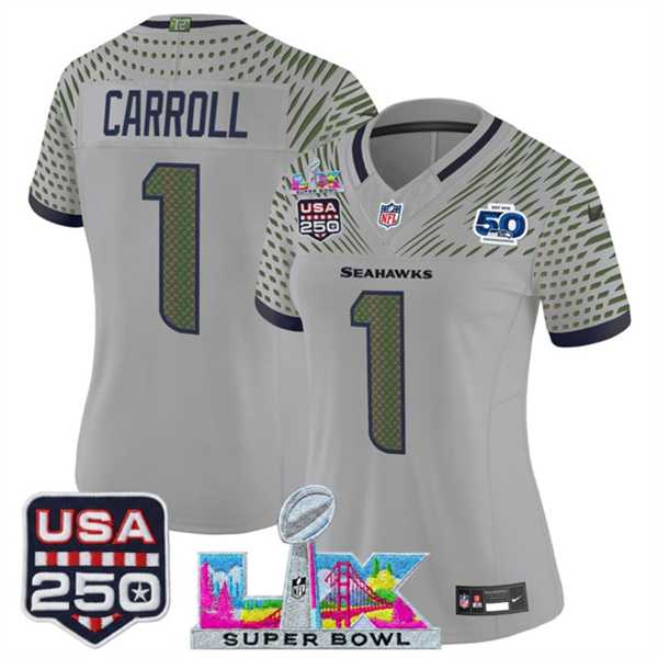 Women%27s Seattle Seahawks #1 Pete Carroll Gray 2025 F.U.S.E. Super Bowl LX & US 250th anniversary Patch And 50th Season Patch Rivalries Vapor Limited Stitched Jersey->->Custom Jersey