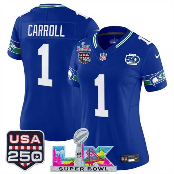 Women%27s Seattle Seahawks #1 Pete Carroll Royal 2025 F.U.S.E. Super Bowl LX Patch And 50th Season & USA 250%27 Patch Vapor Throwback Limited Stitched Jersey->->Custom Jersey