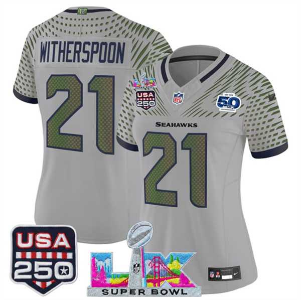 Women%27s Seattle Seahawks #21 Devon Witherspoon Gray 2025 F.U.S.E. Super Bowl LX & US 250th anniversary Patch And 50th Season Patch Rivalries Vapor Limited Stitched Jersey->seattle seahawks->NFL Jersey