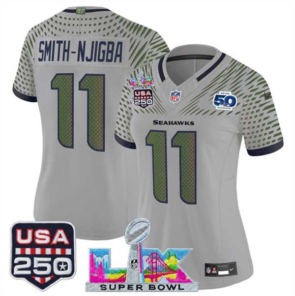 Women%27s Seattle Seahawks #11 Jaxon Smith-Njigba Gray 2025 F.U.S.E. Super Bowl LX & US 250th anniversary Patch And 50th Season Patch Rivalries Vapor Limited Stitched Jersey->seattle seahawks->NFL Jersey