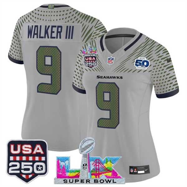 Women%27s Seattle Seahawks #9 Kenneth Walker III Gray 2025 F.U.S.E. Super Bowl LX & US 250th anniversary Patch And 50th Season Patch Rivalries Vapor Limited Stitched Jersey->seattle seahawks->NFL Jersey