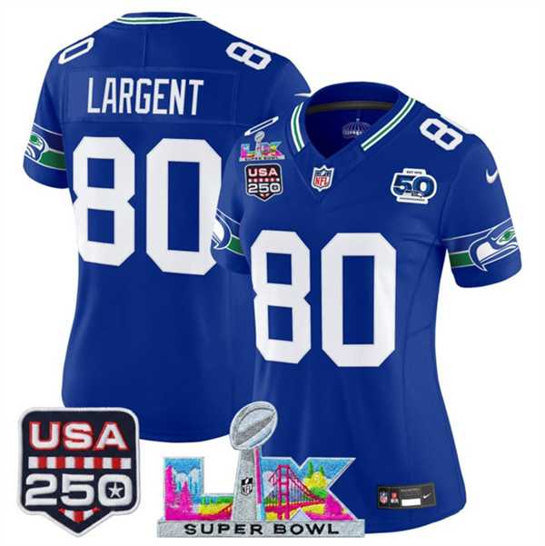 Women%27s Seattle Seahawks #80 Steve Largent Royal 2025 F.U.S.E. Super Bowl LX Patch And 50th Season & USA 250%27 Patch Vapor Throwback Limited Stitched Je->more nhl jerseys->NHL Jersey