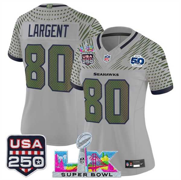 Women%27s Seattle Seahawks #80 Steve Largent Gray 2025 F.U.S.E. Super Bowl LX & US 250th anniversary Patch And 50th Season Patch Rivalries Vapor Limited Stitched Jersey->seattle seahawks->NFL Jersey