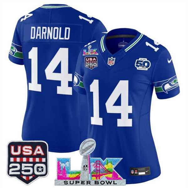 Women%27s Seattle Seahawks #14 Sam Darnold Royal 2025 F.U.S.E. Super Bowl LX Patch And 50th Season & USA 250%27 Patch Vapor Throwback Limited Stitched Jersey->seattle seahawks->NFL Jersey