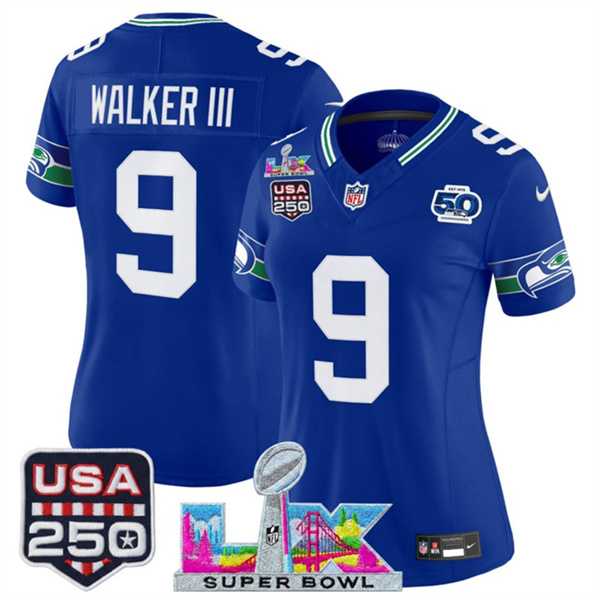 Women%27s Seattle Seahawks #9 Kenneth Walker III Royal 2025 F.U.S.E. Super Bowl LX Patch And 50th Season & USA 250%27 Patch Vapor Throwback Limited Stitched Jersey->seattle seahawks->NFL Jersey