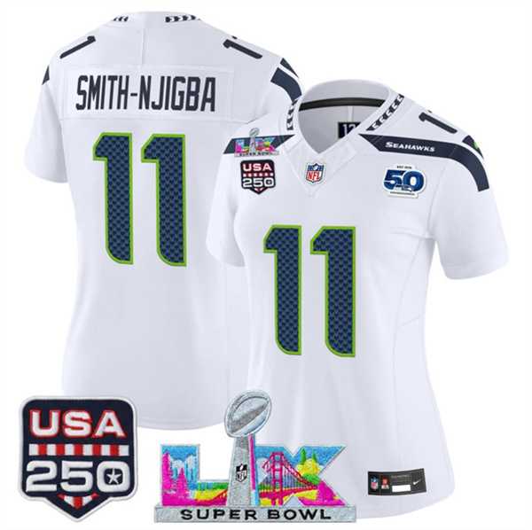Women%27s Seattle Seahawks #11 Jaxon Smith-Njigba White 2025 F.U.S.E. Super Bowl LX Patch And 50th Season & USA 250%27 Patch Vapor Limited Stitched Jersey->seattle seahawks->NFL Jersey