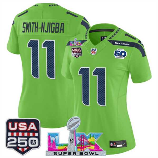 Women%27s Seattle Seahawks #11 Jaxon Smith-Njigba Green 2025 F.U.S.E. Super Bowl LX Patch And 50th Season & USA 250%27 Patch Vapor Limited Stitched Jersey->seattle seahawks->NFL Jersey