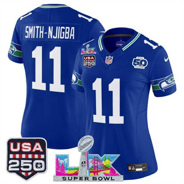 Women%27s Seattle Seahawks #11 Jaxon Smith-Njigba Royal 2025 F.U.S.E. Super Bowl LX Patch And 50th Season & USA 250%27 Patch Vapor Throwback Limited Stitched Jersey->seattle seahawks->NFL Jersey