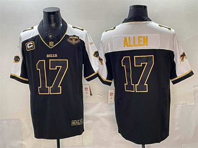 Mens Buffalo Bills #17 Josh Allen Black Gold 2025 F.U.S.E. With Farewell Patch & 4-Star C Patch Vapor Limited Stitched Jersey->buffalo bills->NFL Jersey