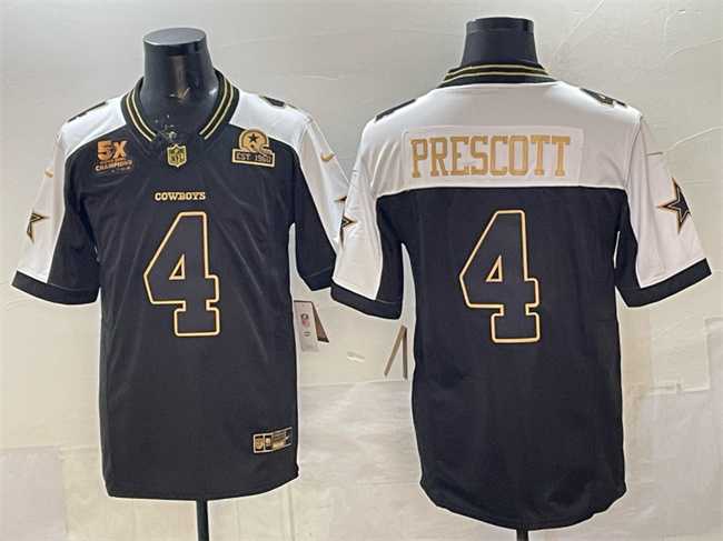 Men%27s Dallas Cowboys #4 Dak Prescott Black Gold 2025 F.U.S.E. With 5x Super Bowl Champions & Established In 1960 Patch Vapor Limited Stitched Jersey1->dallas cowboys->NFL Jersey
