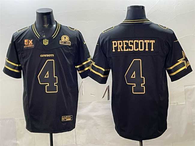 Men%27s Dallas Cowboys #4 Dak Prescott Black Gold 2025 F.U.S.E. With 5x Super Bowl Champions & Established In 1960 Patch Vapor Limited Stitched Jersey->dallas cowboys->NFL Jersey