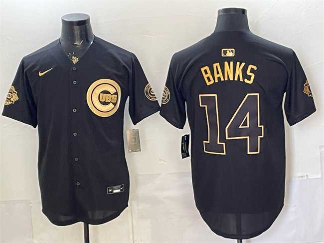 Men%27s Chicago Cubs #14 Ernie Banks Black Gold 150th Anniversary Patch Stitched Jersey Dzhi->chicago cubs->MLB Jersey