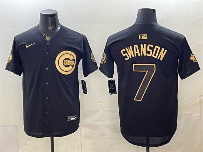 Men%27s Chicago Cubs #7 Dansby Swanson Black Gold 150th Anniversary Patch Stitched Jersey Dzhi->chicago cubs->MLB Jersey