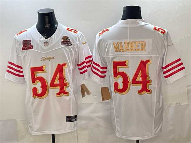 Mens San Francisco 49ers #54 Fred Warner White Gold 2025 F.U.S.E. Rivalries 5x Super Bowl Champions Patch Vapor Limited Stitched Jersey->san francisco 49ers->NFL Jersey