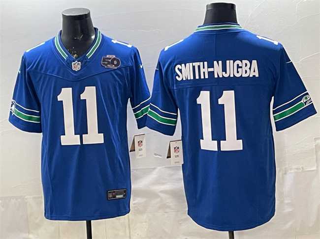 Men%27s Seattle Seahawks #11 Jaxon Smith-Njigba Royal 2025 F.U.S.E. 50th Season Patch Throwback Vapor Limited Stitched Jersey->seattle seahawks->NFL Jersey