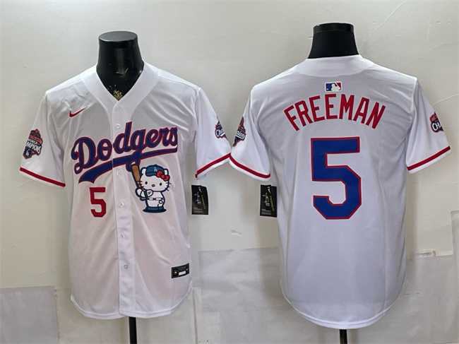 Mens Los Angeles Dodgers #5 Freddie Freeman White Hello Kitty Night 2025 World Series Champions Patch Stitched Jersey Dzhi->los angeles dodgers->MLB Jersey