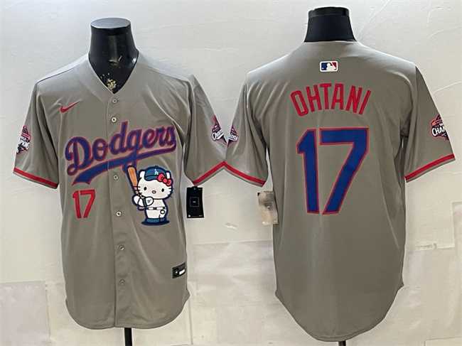 Mens Los Angeles Dodgers #17 Shohei Ohtani Grey Hello Kitty Night 2025 World Series Champions Patch Stitched Jersey Dzhi->los angeles dodgers->MLB Jersey
