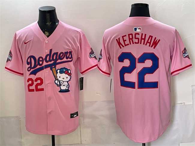 Mens Los Angeles Dodgers #22 Clayton Kershaw Pink Hello Kitty Night 2025 World Series Champions Patch Stitched Jersey Dzhi->los angeles dodgers->MLB Jersey