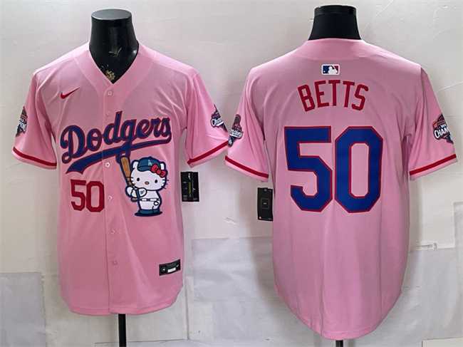 Mens Los Angeles Dodgers #50 Mookie Betts Pink Hello Kitty Night 2025 World Series Champions Patch Stitched Jersey Dzhi->los angeles dodgers->MLB Jersey
