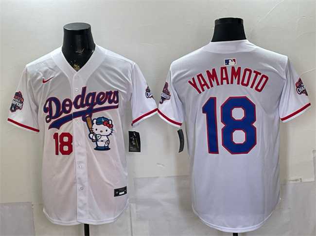 Men%27s Los Angeles Dodgers #18 Yoshinobu Yamamoto White Hello Kitty Night 2025 World Series Champions Patch Stitched Jersey Dzhi->los angeles dodgers->MLB Jersey