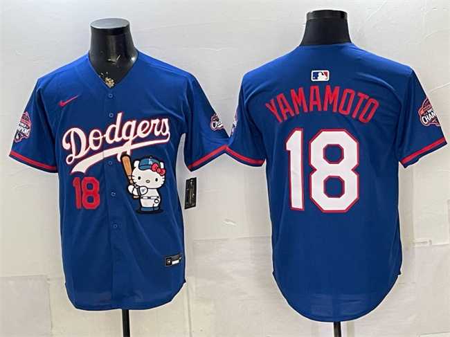 Mens Los Angeles Dodgers #18 Yoshinobu Yamamoto Royal Hello Kitty Night 2025 World Series Champions Patch Stitched Jersey Dzhi->los angeles dodgers->MLB Jersey