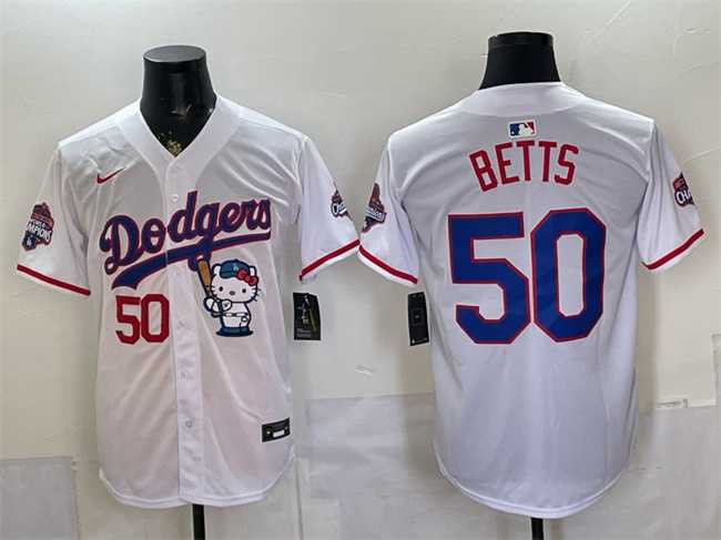 Mens Los Angeles Dodgers #50 Mookie Betts White Hello Kitty Night 2025 World Series Champions Patch Stitched Jersey Dzhi->los angeles dodgers->MLB Jersey