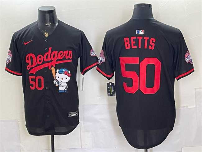 Mens Los Angeles Dodgers #50 Mookie Betts Black Hello Kitty Night 2025 World Series Champions Patch Stitched Jersey Dzhi->los angeles dodgers->MLB Jersey