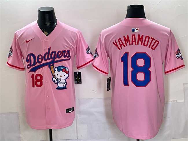 Mens Los Angeles Dodgers #18 Yoshinobu Yamamoto Pink Hello Kitty Night 2025 World Series Champions Patch Stitched Jersey Dzhi->los angeles dodgers->MLB Jersey