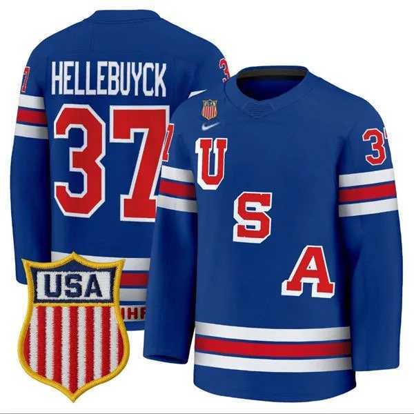 Mens USA #37 Connor Hellebuyck Home Blue 2026 Olympic Jersey Dzhi->olympics usa jerseys->NHL Jersey