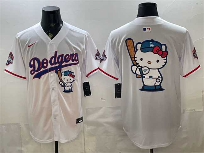 Mens Los Angeles Dodgers Team Big Logo White Hello Kitty Night 2025 World Series Champions Patch Stitched Jersey Dzhi->los angeles dodgers->MLB Jersey
