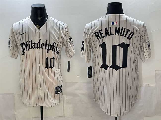 Mens Philadelphia Phillies #10 J.T. Realmuto Cream Pinstripe Gothic Vapor Limited Stitched Jersey->philadelphia phillies->MLB Jersey