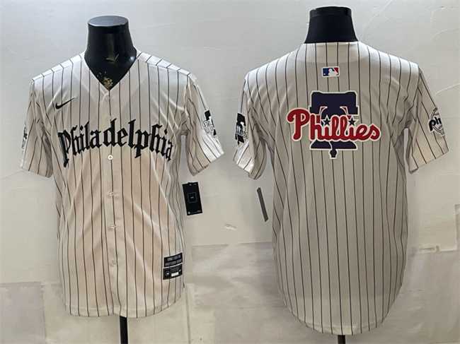Mens Philadelphia Phillies Team Big Logo Cream Pinstripe Gothic Vapor Limited Stitched Jersey Dzhi->philadelphia phillies->MLB Jersey
