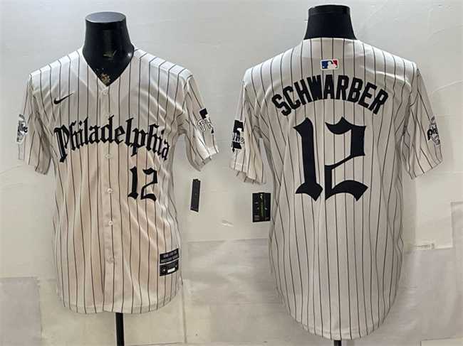 Mens Philadelphia Phillies #12 Kyle Schwarber Cream Pinstripe Gothic Vapor Limited Stitched Jersey->philadelphia phillies->MLB Jersey