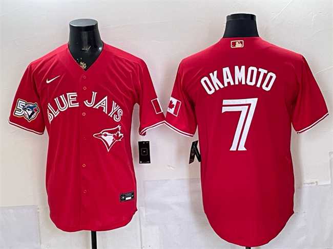 Mens Toronto Blue Jays #7 Kazuma Okamoto Red 50 Seasons Patch Stitched Jersey->toronto blue jays->MLB Jersey