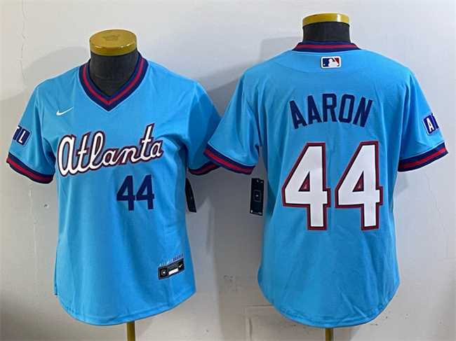 Women%27s Atlanta Braves #44 Hank Aaron Powder Blue 2026 City Connect Stadium Stitched Jersey->mlb womens jerseys->MLB Jersey