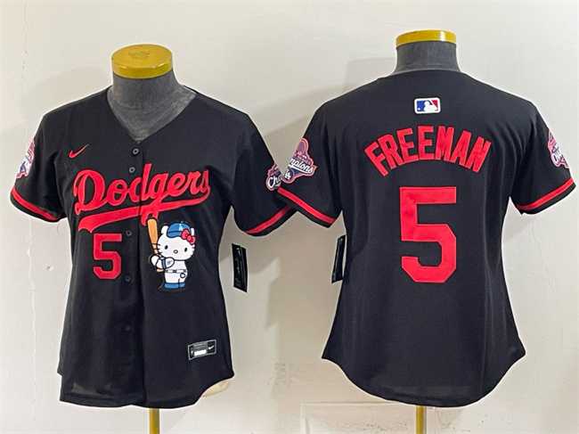 Women%27s Los Angeles Dodgers #5 Freddie Freeman Black Hello Kitty Night 2025 World Series Champions Patch Stitched Jersey Dzhi->mlb womens jerseys->MLB Jersey