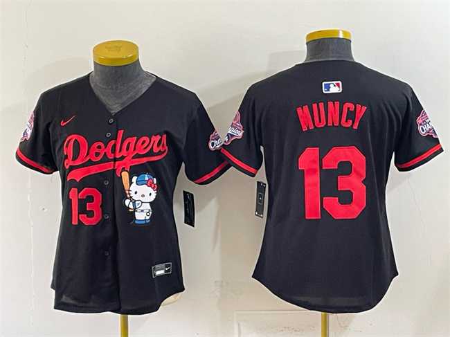 Women%27s Los Angeles Dodgers #13 Max Muncy Black Hello Kitty Night 2025 World Series Champions Patch Stitched Jersey Dzhi->mlb womens jerseys->MLB Jersey