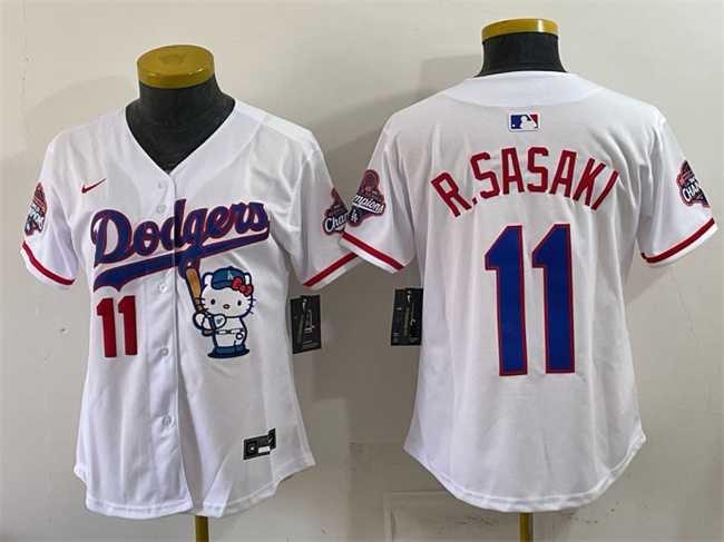 Women%27s Los Angeles Dodgers #11 Roki Sasaki White Hello Kitty Night 2025 World Series Champions Patch Stitched Jersey Dzhi->mlb womens jerseys->MLB Jersey