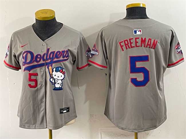 Women%27s Los Angeles Dodgers #5 Freddie Freeman Grey Hello Kitty Night 2025 World Series Champions Patch Stitched Jersey Dzhi->mlb womens jerseys->MLB Jersey