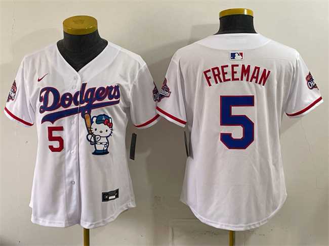 Women%27s Los Angeles Dodgers #5 Freddie Freeman White Hello Kitty Night 2025 World Series Champions Patch Stitched Jersey Dzhi->mlb womens jerseys->MLB Jersey