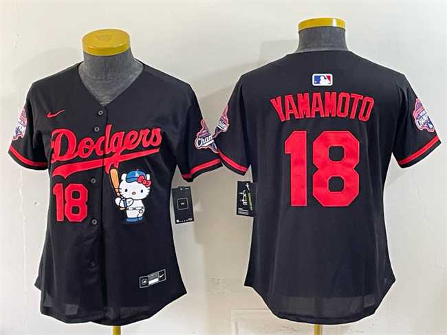 Women%27s Los Angeles Dodgers #18 Yoshinobu Yamamoto Black Hello Kitty Night 2025 World Series Champions Patch Stitched Jersey Dzhi->mlb womens jerseys->MLB Jersey