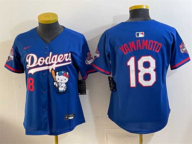 Women%27s Los Angeles Dodgers #18 Yoshinobu Yamamoto Royal Hello Kitty Night 2025 World Series Champions Patch Stitched Jersey Dzhi->mlb womens jerseys->MLB Jersey