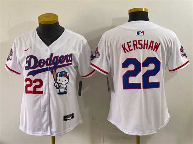 Women%27s Los Angeles Dodgers #22 Clayton Kershaw White Hello Kitty Night 2025 World Series Champions Patch Stitched Jersey Dzhi->mlb womens jerseys->MLB Jersey
