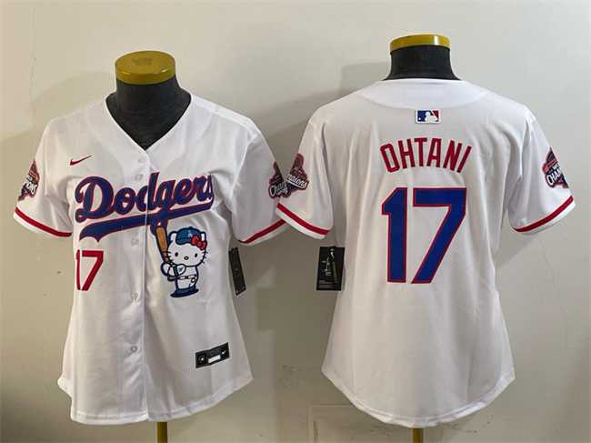 Women%27s Los Angeles Dodgers #17 Shohei Ohtani White Hello Kitty Night 2025 World Series Champions Patch Stitched Jersey Dzhi->mlb womens jerseys->MLB Jersey