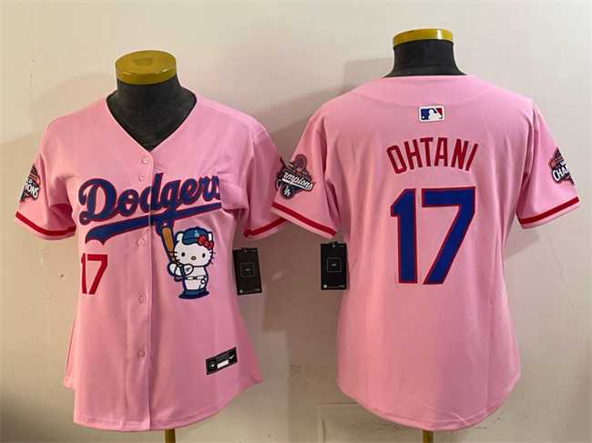 Women%27s Los Angeles Dodgers #17 Shohei Ohtani Pink Hello Kitty Night 2025 World Series Champions Patch Stitched Jersey Dzhi->mlb womens jerseys->MLB Jersey