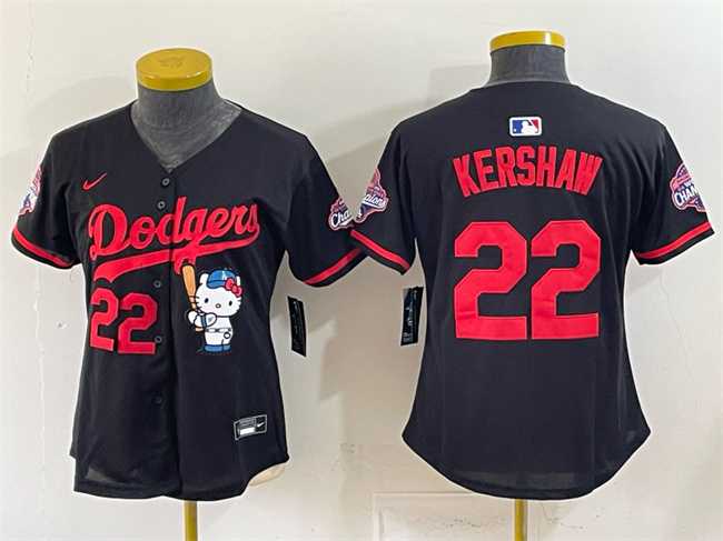 Women%27s Los Angeles Dodgers #22 Clayton Kershaw Black Hello Kitty Night 2025 World Series Champions Patch Stitched Jersey Dzhi->mlb womens jerseys->MLB Jersey