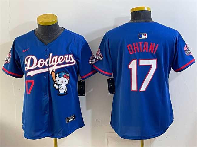 Women%27s Los Angeles Dodgers #17 Shohei Ohtani Royal Hello Kitty Night 2025 World Series Champions Patch Stitched Jersey Dzhi->mlb womens jerseys->MLB Jersey